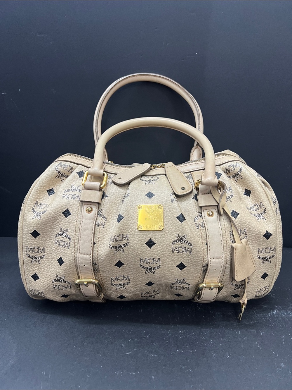 MCM Beige Visetos Monogram Satchel with Gold Plaque